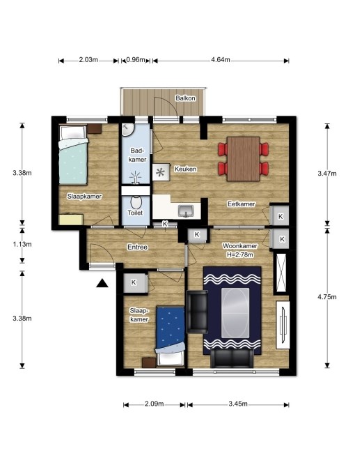 Appartement - Korhaanstraat/Rotterdam (€1020.00/57.00m2)